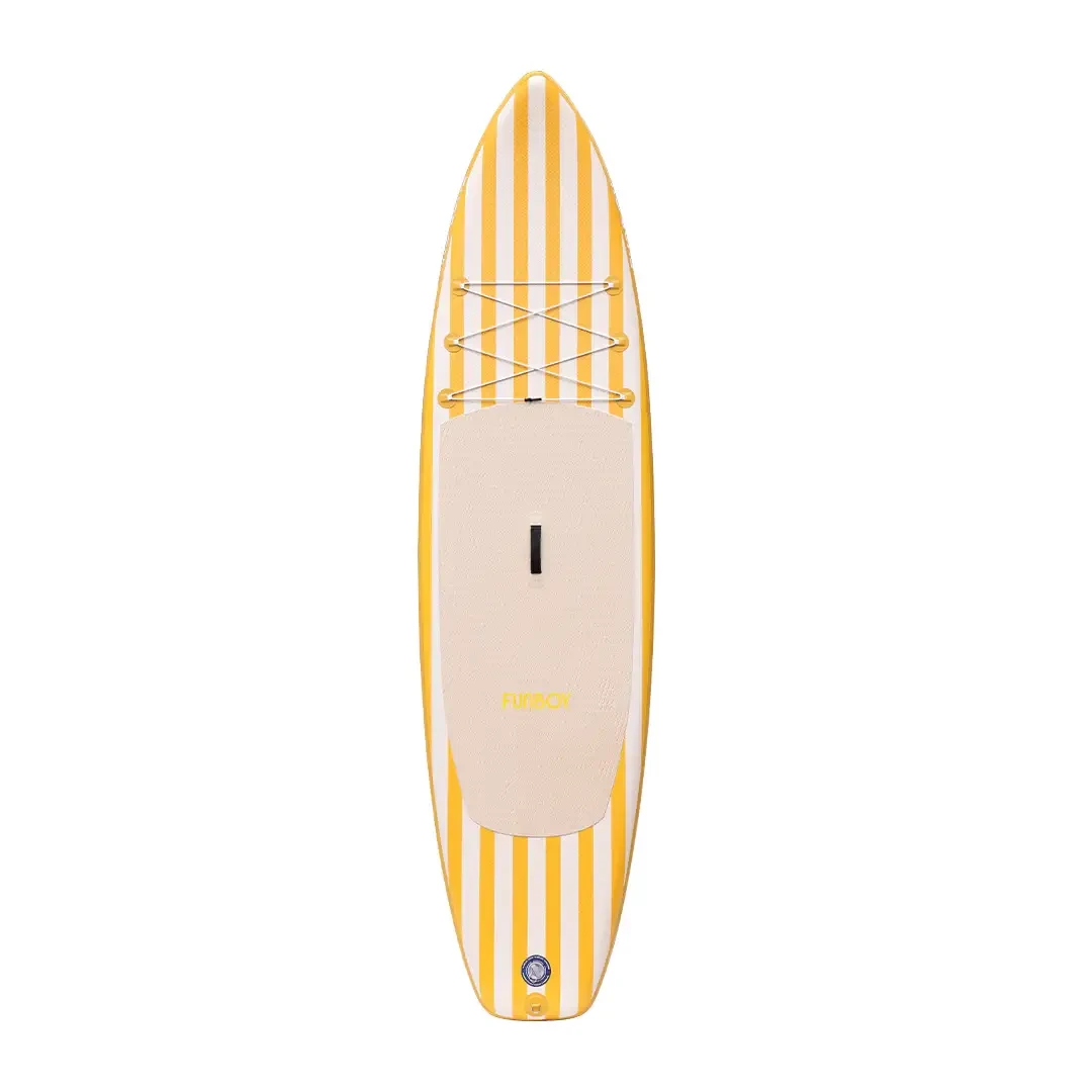 Image shows a yellow and white striped stand up paddle board.