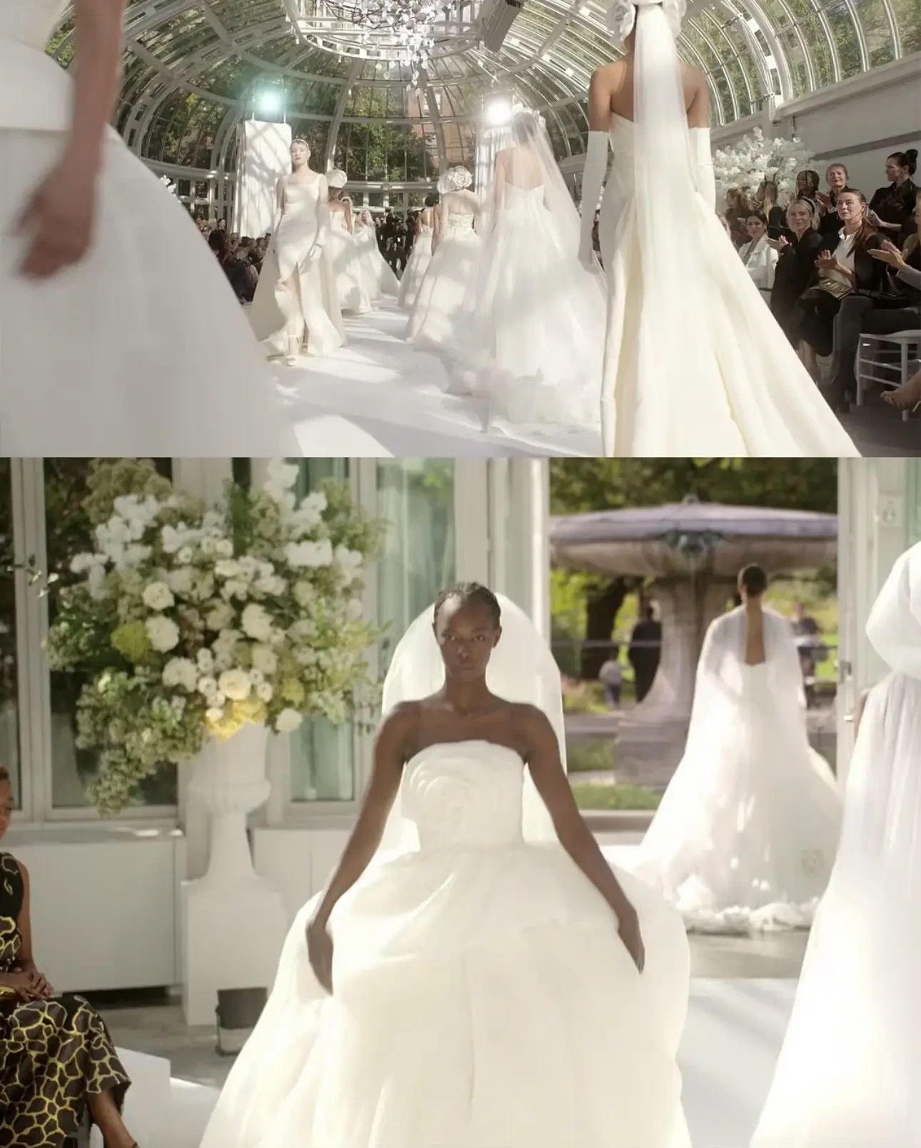 image shows a clip from the and just like that season three finale featuring amsale couture bridal gowns