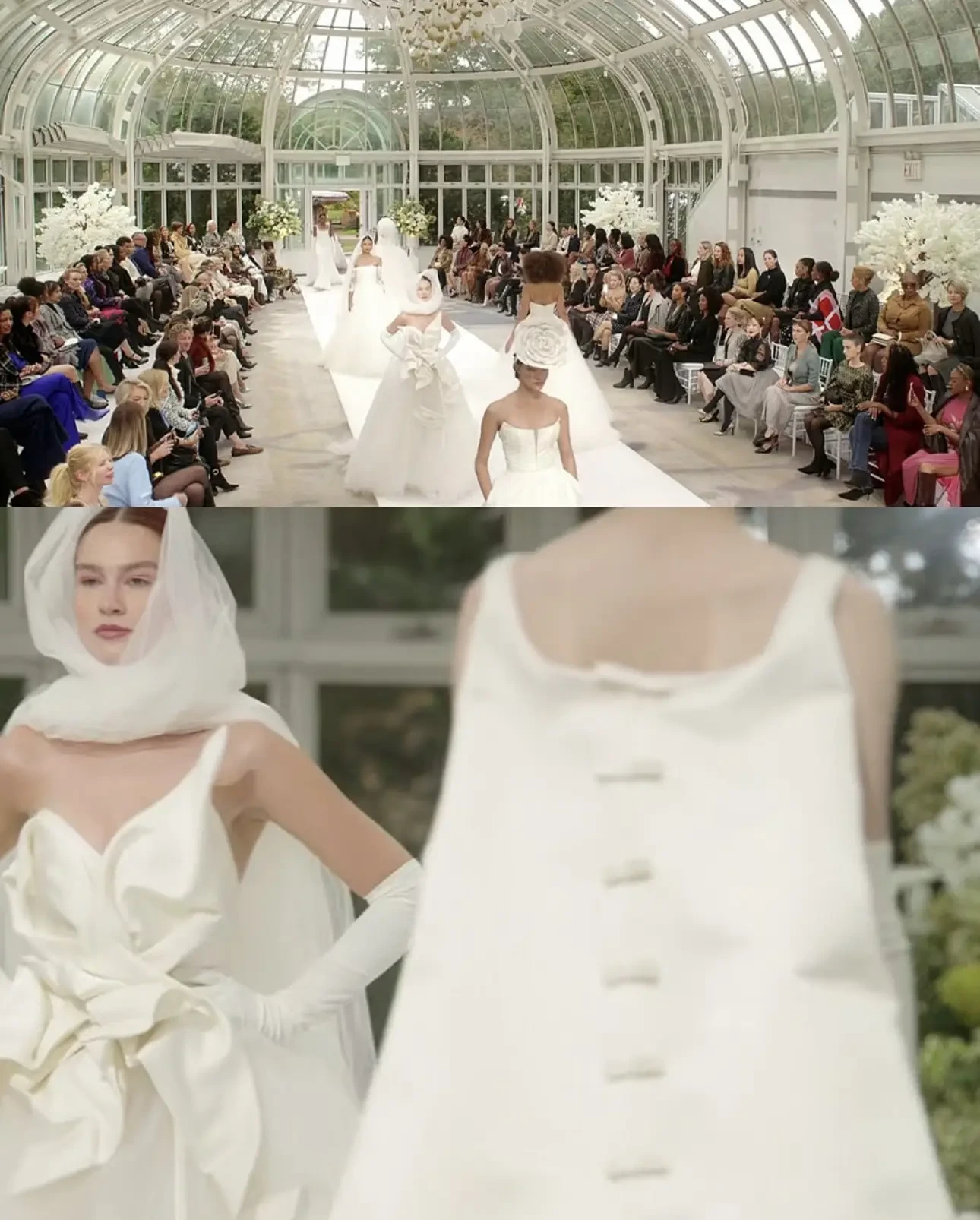 image shows a clip from the and just like that season three finale featuring amsale couture bridal gowns