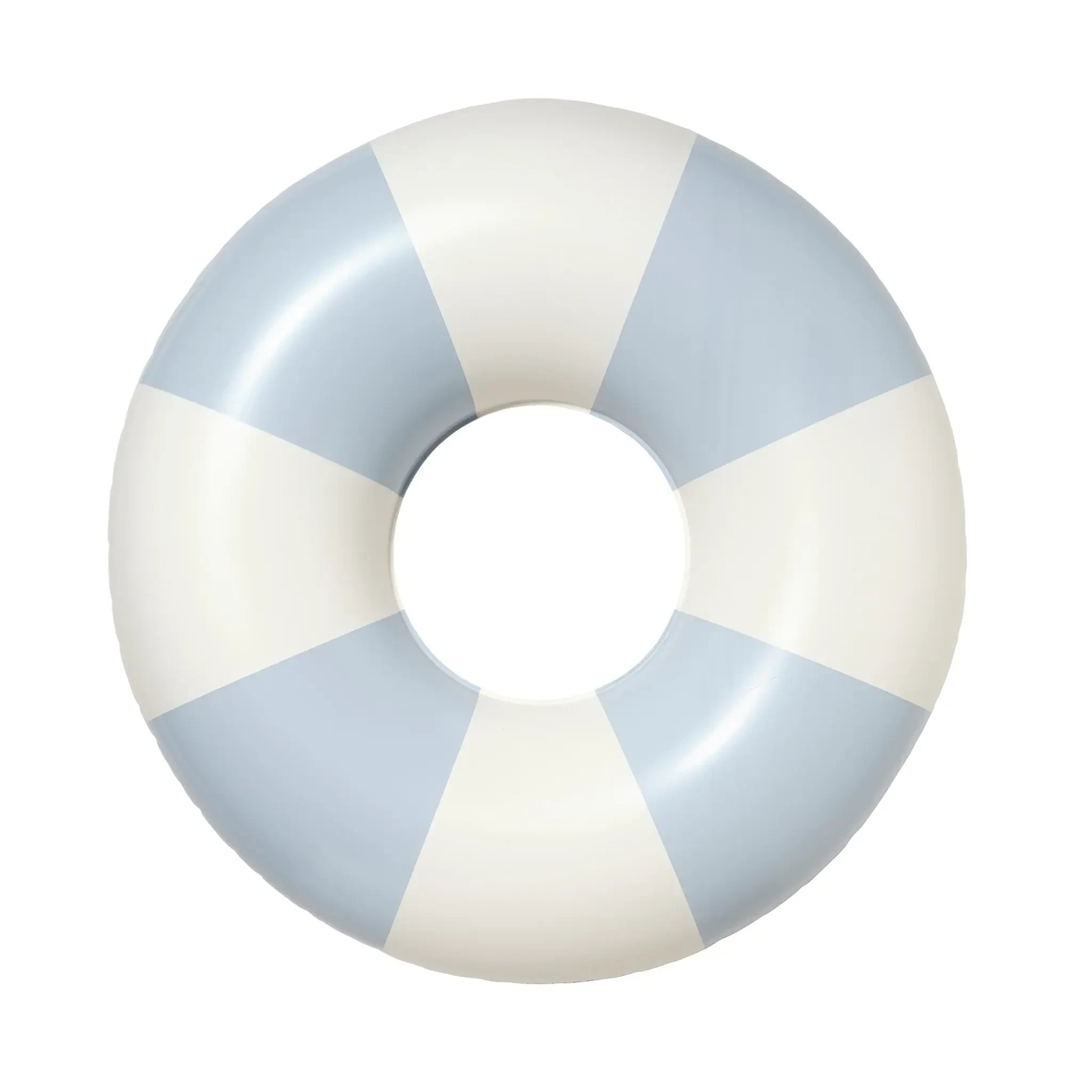 Image shows a large inflatable striped pool ring.