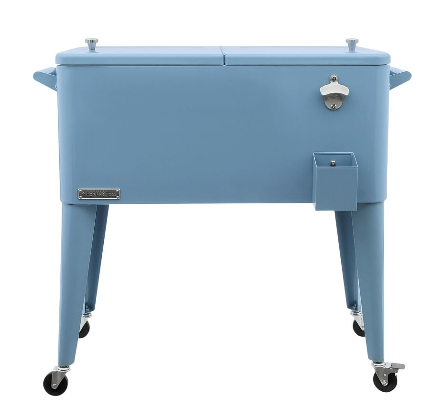 Image shows a stand-up cooler with legs and a lid, designed for easy access during gatherings.