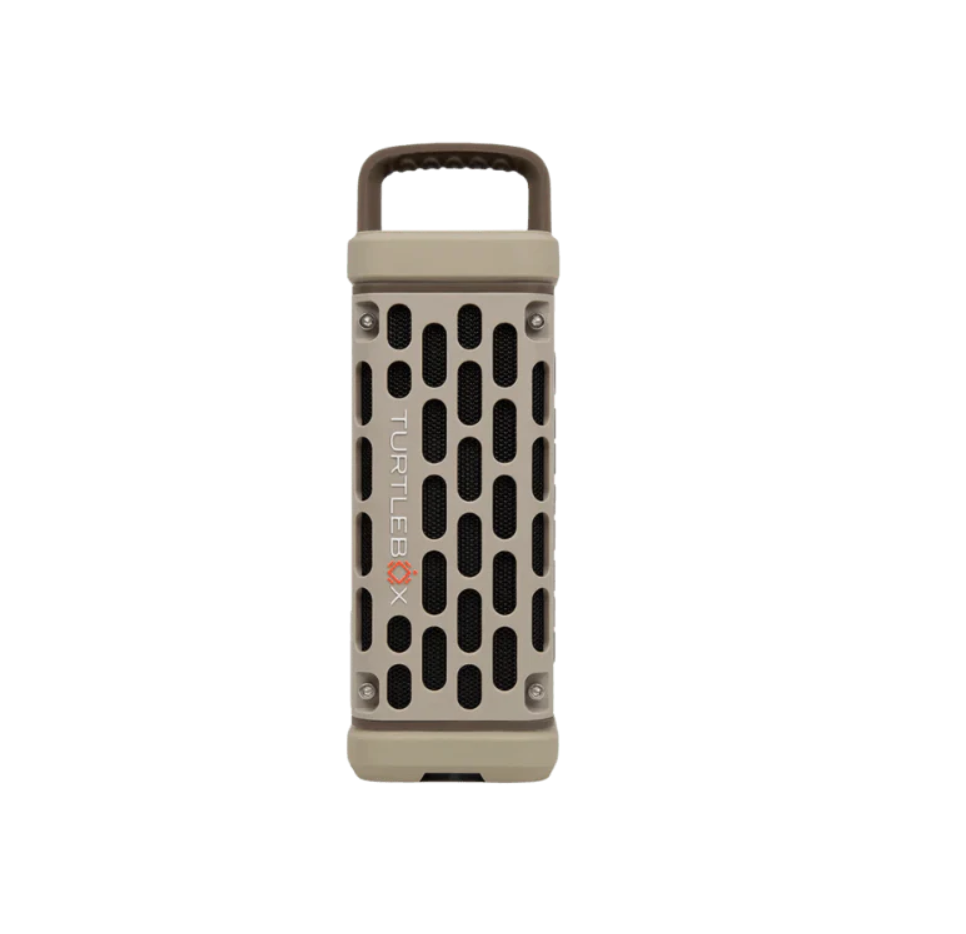 Image shows a rugged Turtlebox waterproof speaker with a carry handle and bold design.