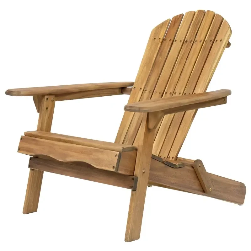 Image shows a classic wooden Adirondack lawn chair.