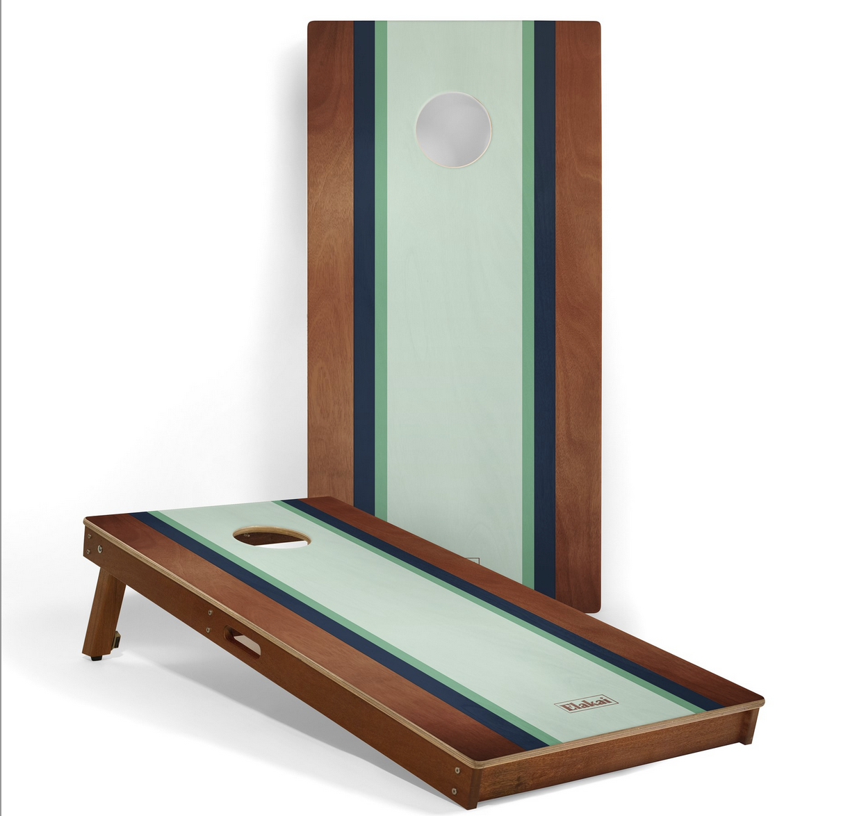 Image shows a set of cornhole boards with painted designs and bean bags.