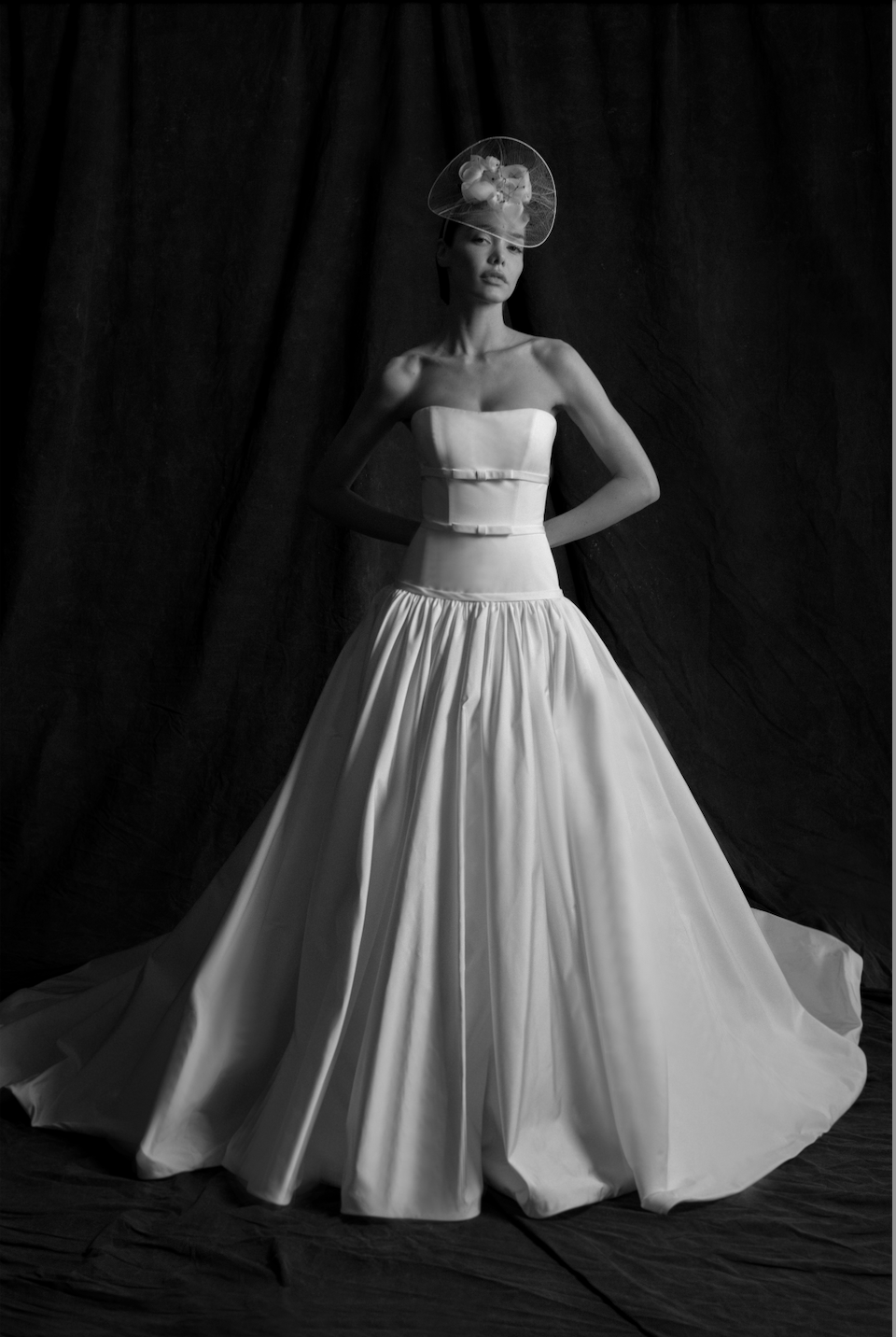 model is wearing a strapless drop waist ball gown wedding dress