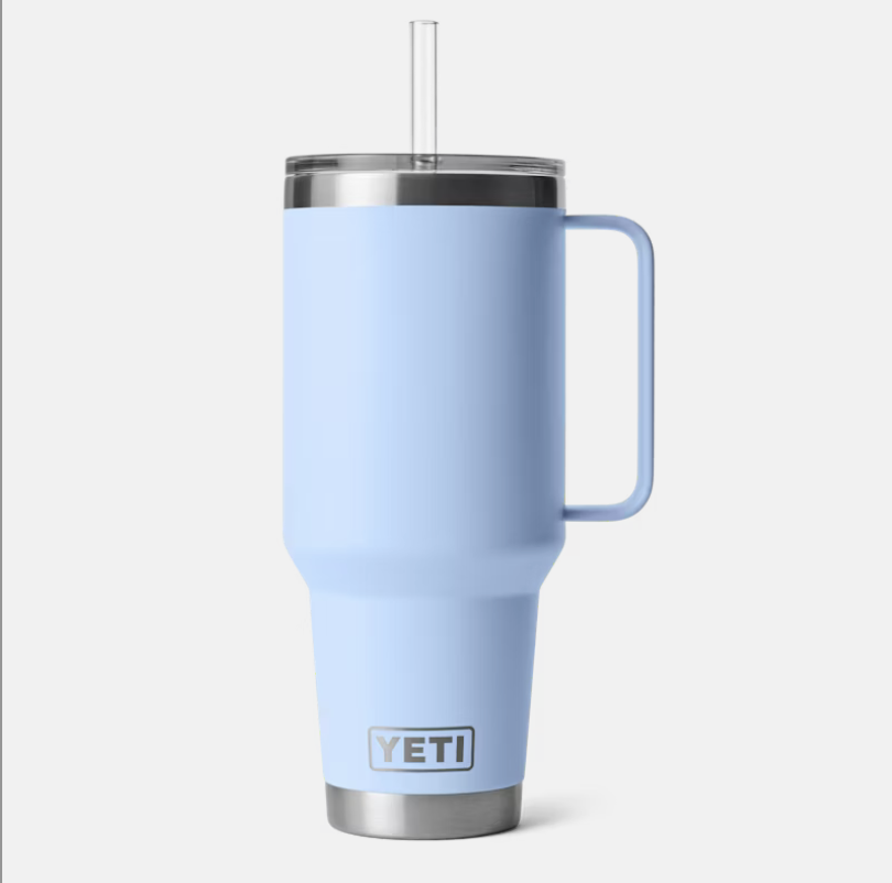 Image shows a stainless steel YETI tumbler with a clear, spill-resistant lid.